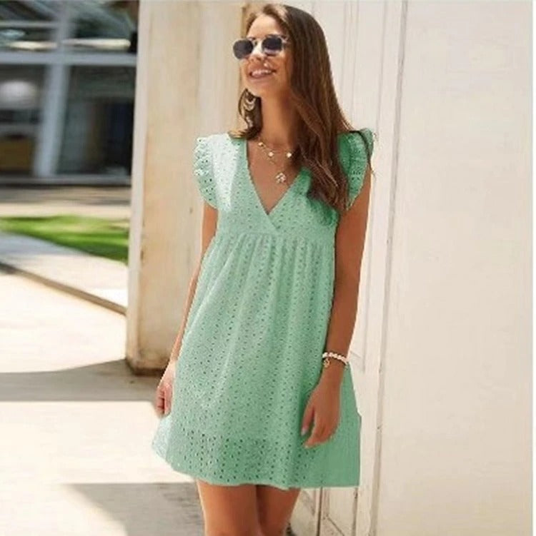 Trendy summer mini dress with ruffle sleeves – Elina