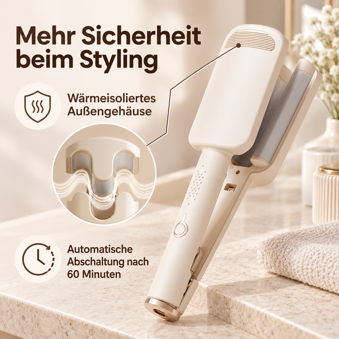Beiges Welleneisen auf Steinplatte, mit Detailansicht der Wellenplatten und Hinweisen zu Gehäuse und Abschaltung 13