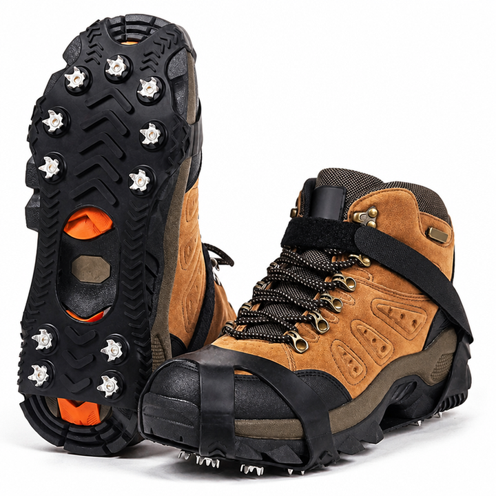 Wanderstiefel mit schwarzem Gummi-Eisgriff, eine Sohle zeigt die Stahlspikes, der andere Schuh ist angeschnallt 1