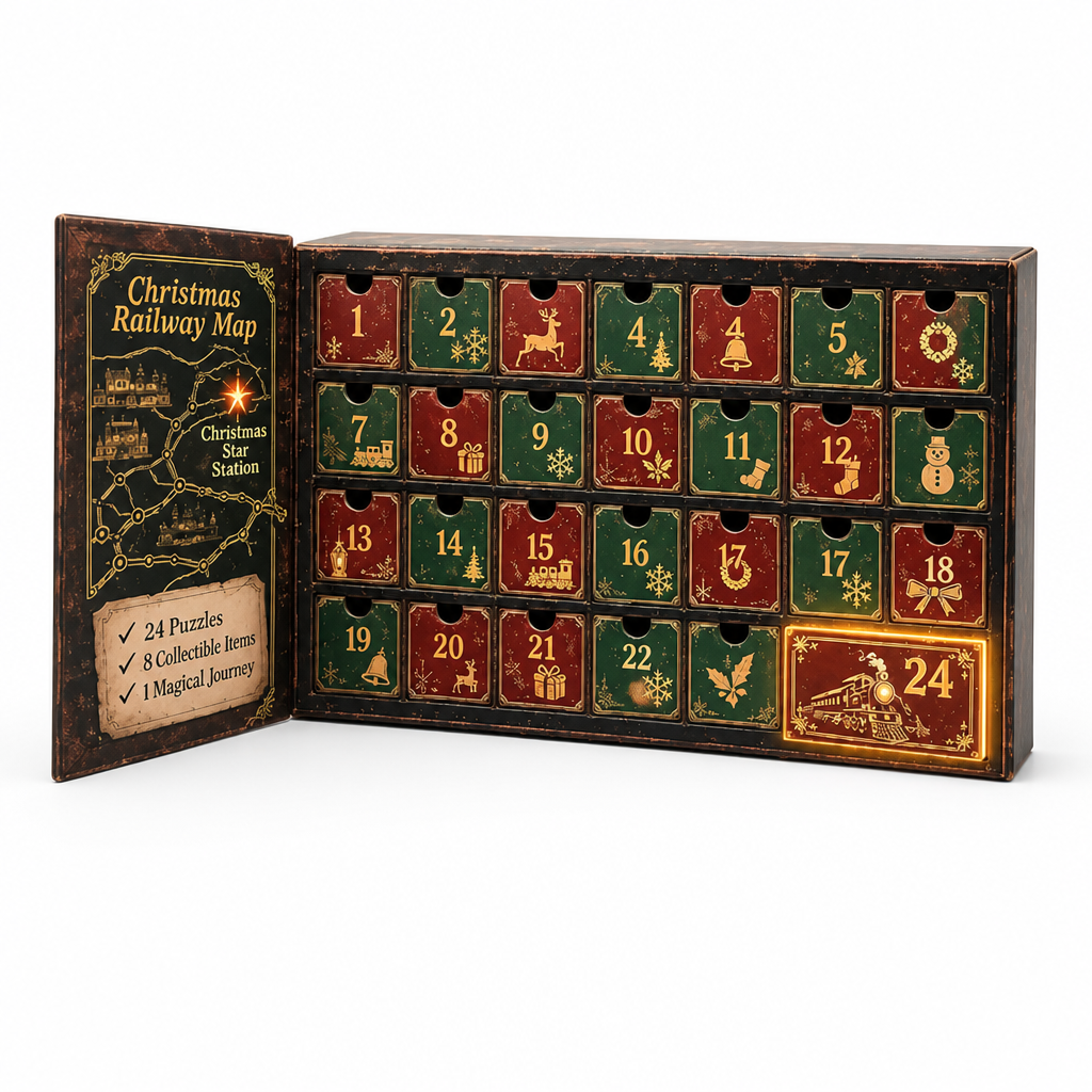 Geöffneter Adventskalender im Eisenbahn-Design mit 24 rot-grünen Türchen, goldenem Weihnachtsmotiv und leuchtendem Türchen 24 sowie Kartenklappe links. 1