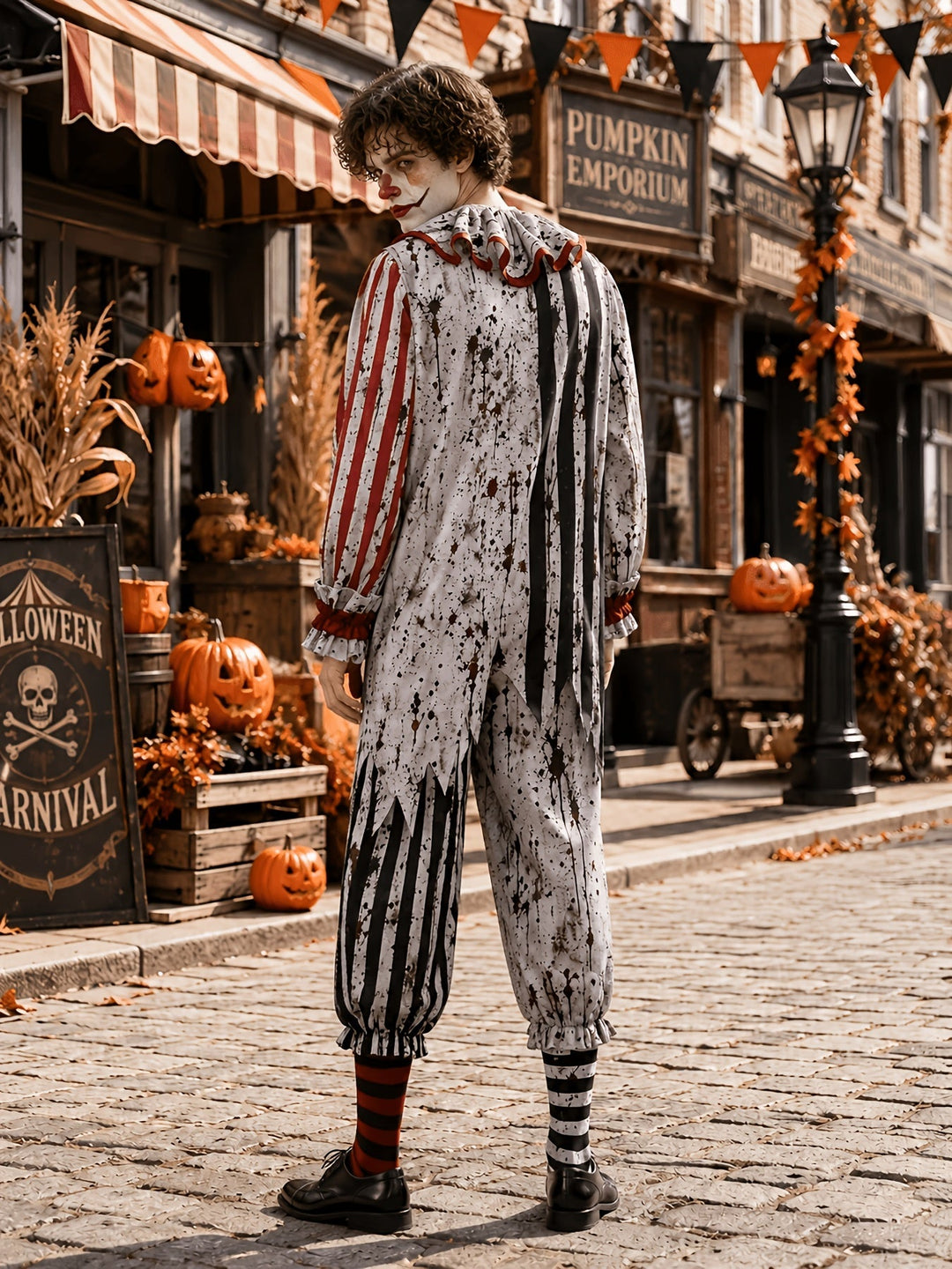 Rückansicht des Clown-Overalls mit gezackten Streifenpartien am Rücken, Spritzermuster und Rüschenkragen; der Mann blickt über die Schulter. 3