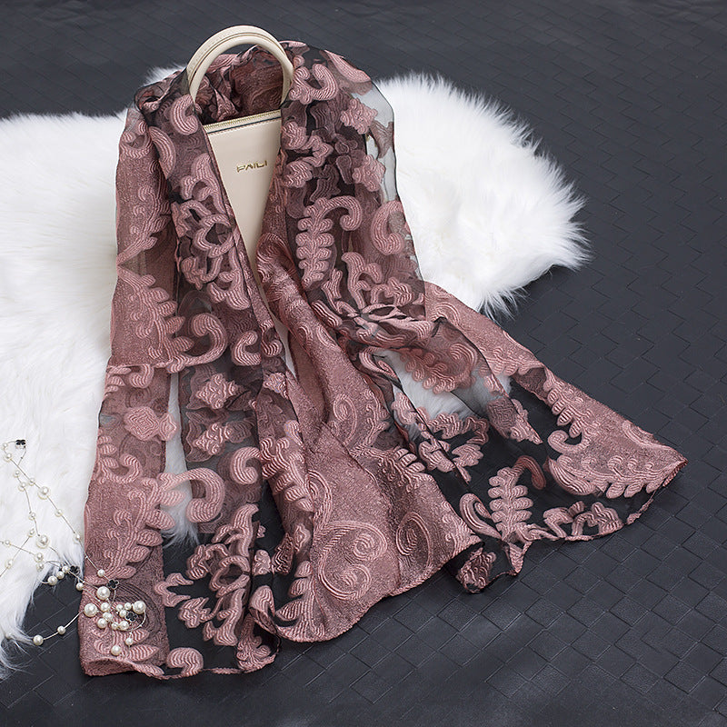 Trendy Women's Silk Scarf with Floral Pattern and Cut-out Design – Fiora (1+1 FREE)