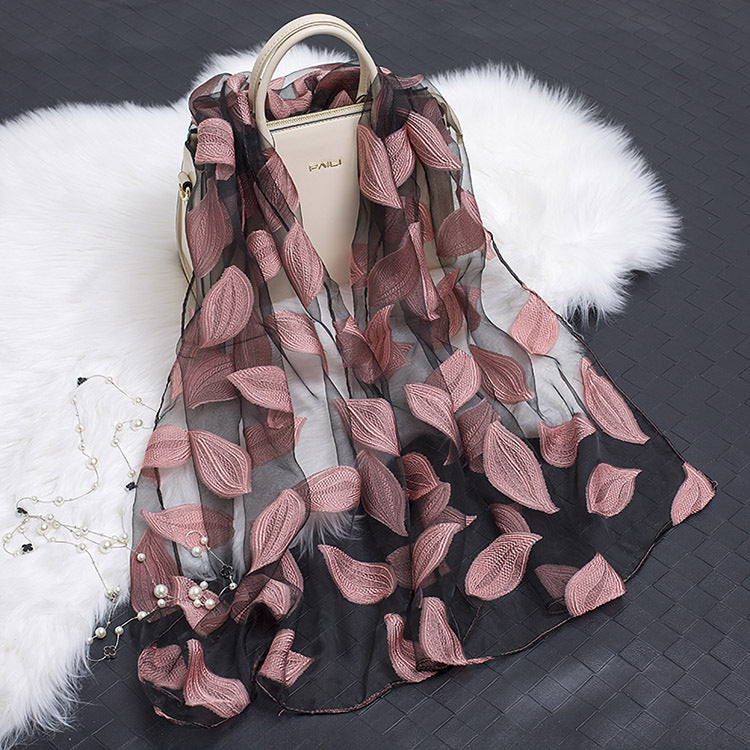 Trendy Women's Silk Scarf with Floral Pattern and Cut-out Design – Fiora (1+1 FREE)