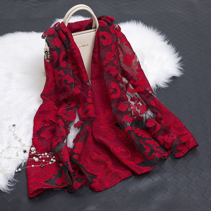 Trendy Women's Silk Scarf with Floral Pattern and Cut-out Design – Fiora (1+1 FREE)