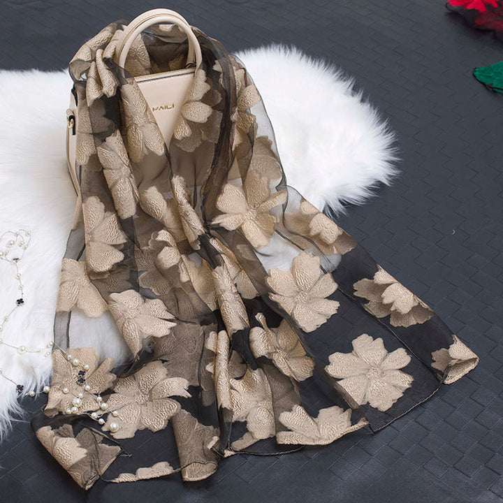 Trendy Women's Silk Scarf with Floral Pattern and Cut-out Design – Fiora (1+1 FREE)