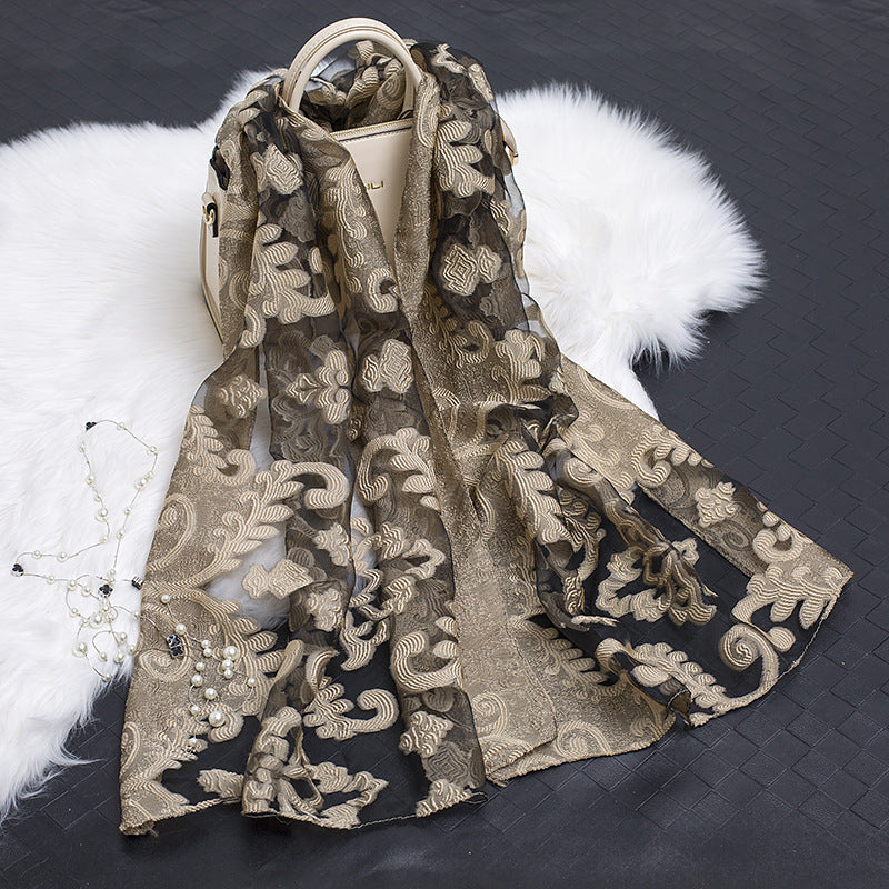 Trendy Women's Silk Scarf with Floral Pattern and Cut-out Design – Fiora (1+1 FREE)