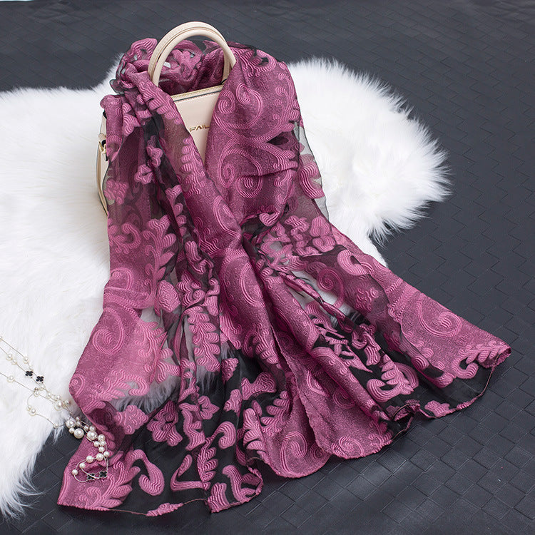 Trendy Women's Silk Scarf with Floral Pattern and Cut-out Design – Fiora (1+1 FREE)