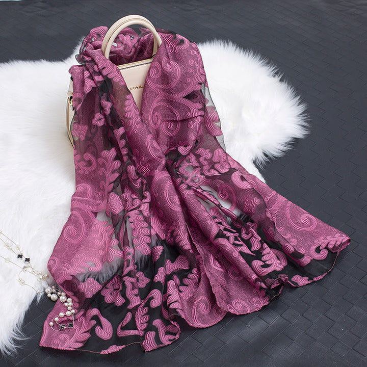 Trendy Women's Silk Scarf with Floral Pattern and Cut-out Design – Fiora (1+1 FREE)