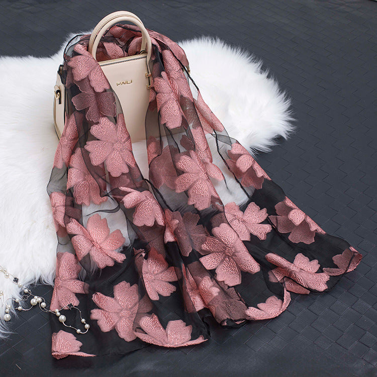 Trendy Women's Silk Scarf with Floral Pattern and Cut-out Design – Fiora (1+1 FREE)