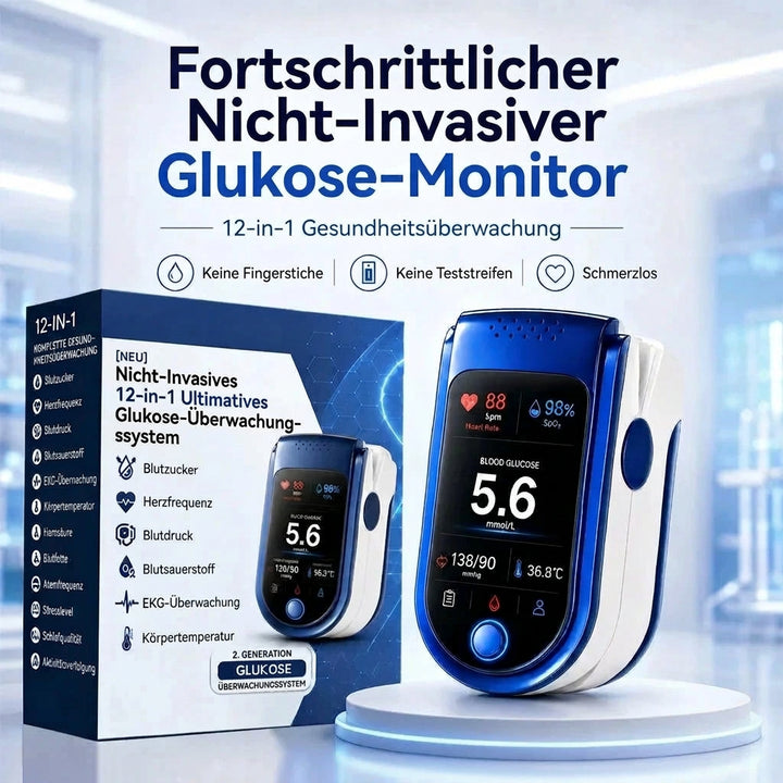 Das blaue Messgerät auf einem Podest neben seiner blau-weißen Verkaufsverpackung, die eine Liste von Messfunktionen zeigt. 10