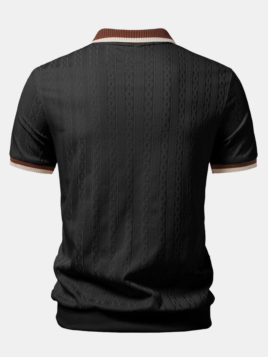 Rückansicht des schwarzen Strickpoloshirts mit strukturiertem Zopfmuster, gestreiften Ärmelbündchen und breitem gerippten Saum. 4