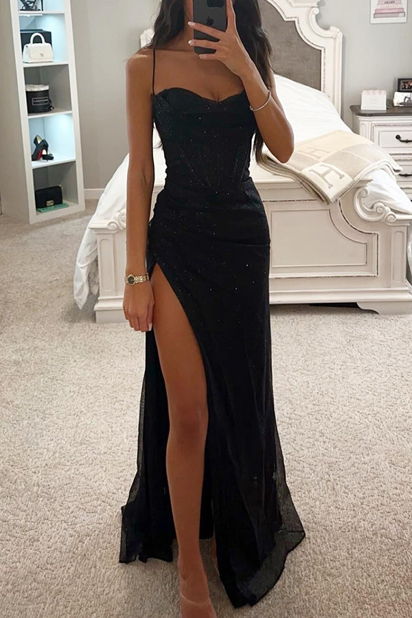 Evening dress with glitter and leg slit for women – Lorena