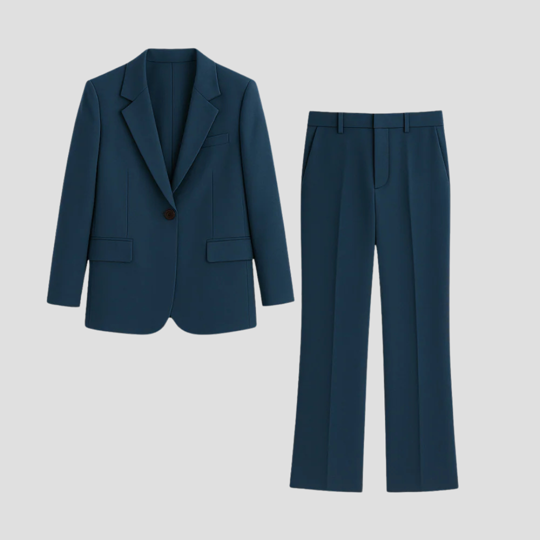 Blazer mit Einknopfverschluss und Hose mit Bügelfalte in Petrolblau nebeneinander ausgelegt, ohne Model 2