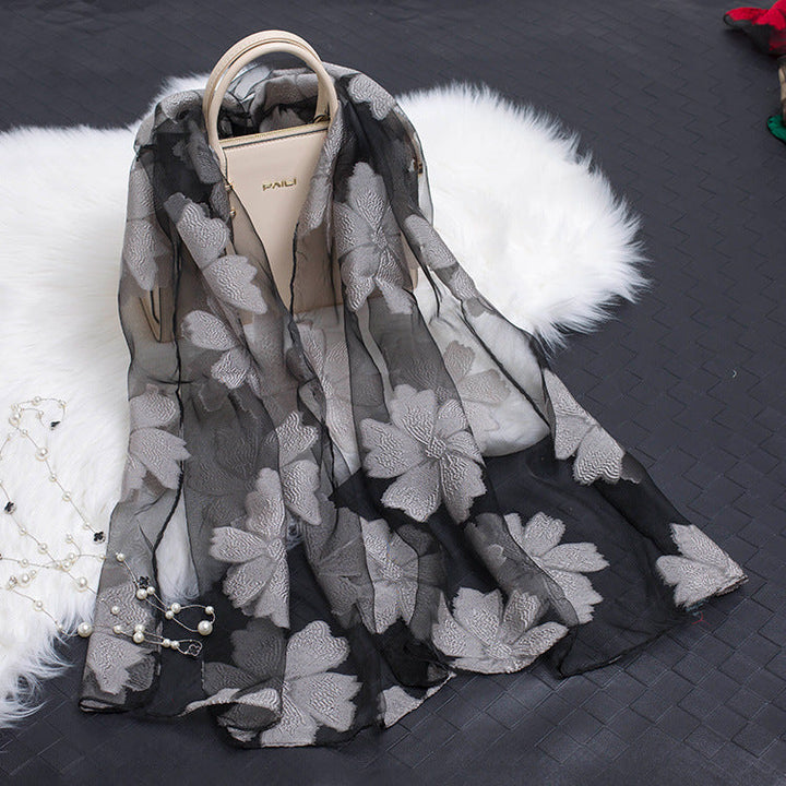 Trendy Women's Silk Scarf with Floral Pattern and Cut-out Design – Fiora (1+1 FREE)