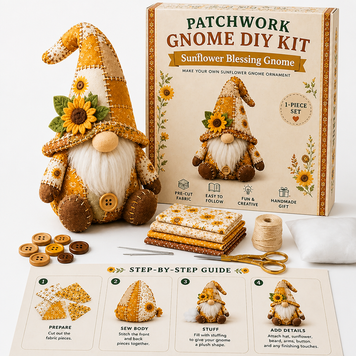 Sonnenblumen-Wichtel in Gelb und Braun neben Verpackung, Stoffen, Garn, Knöpfen, Nadeln, Schere, Füllkissen und Anleitung 9