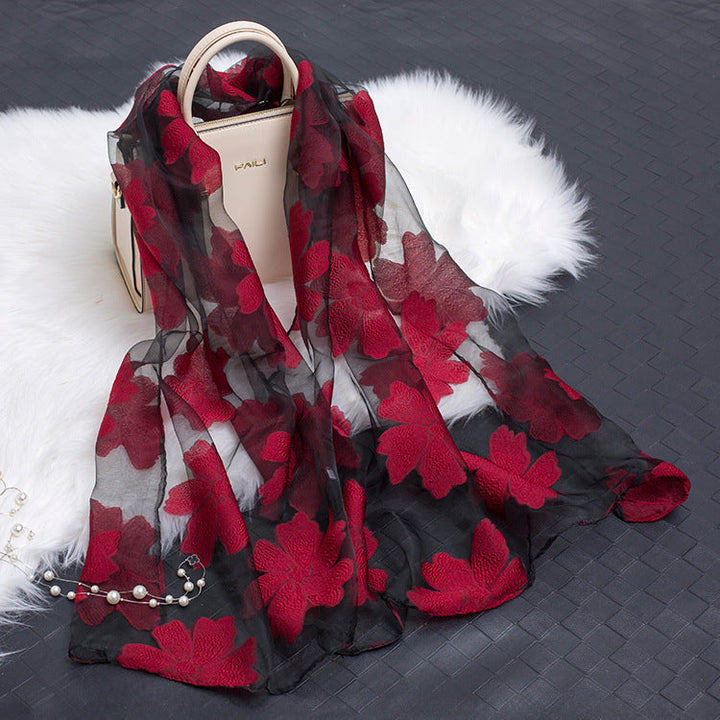 Trendy Women's Silk Scarf with Floral Pattern and Cut-out Design – Fiora (1+1 FREE)