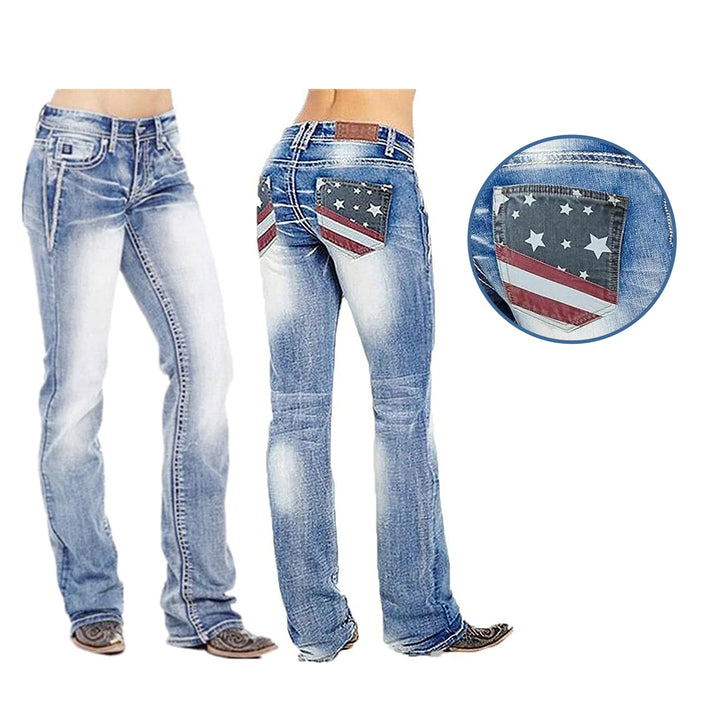 Jeans de corte bota para mujer con detalles de banderas – Madison