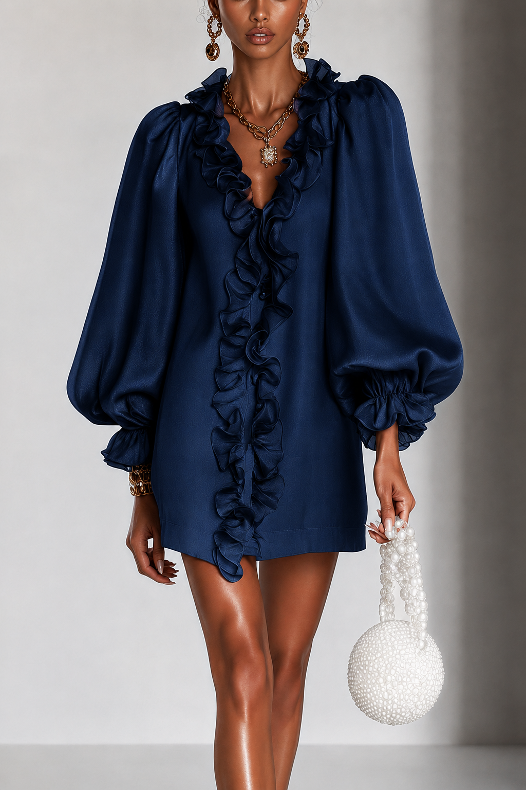 Das Kleid in Marineblau an einer Frau von vorn, mit Rüschen entlang des V-Ausschnitts, weiten Puffärmeln und Perlentasche in der Hand. 2