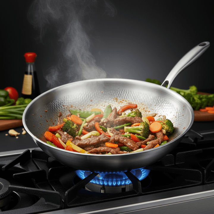 Wok mit gebratenem Rindfleisch und buntem Gemüse auf einem Gasherd mit blauer Flamme, Dampf steigt auf. 6