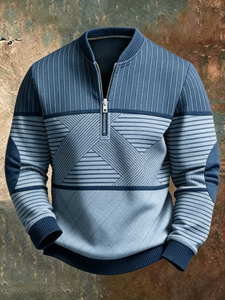Pullover mit Stehkragen und halbem Reißverschluss in Blautönen, Streifen und grafisches Muster, dunklere Bündchen und Ellbogenpatches. 3
