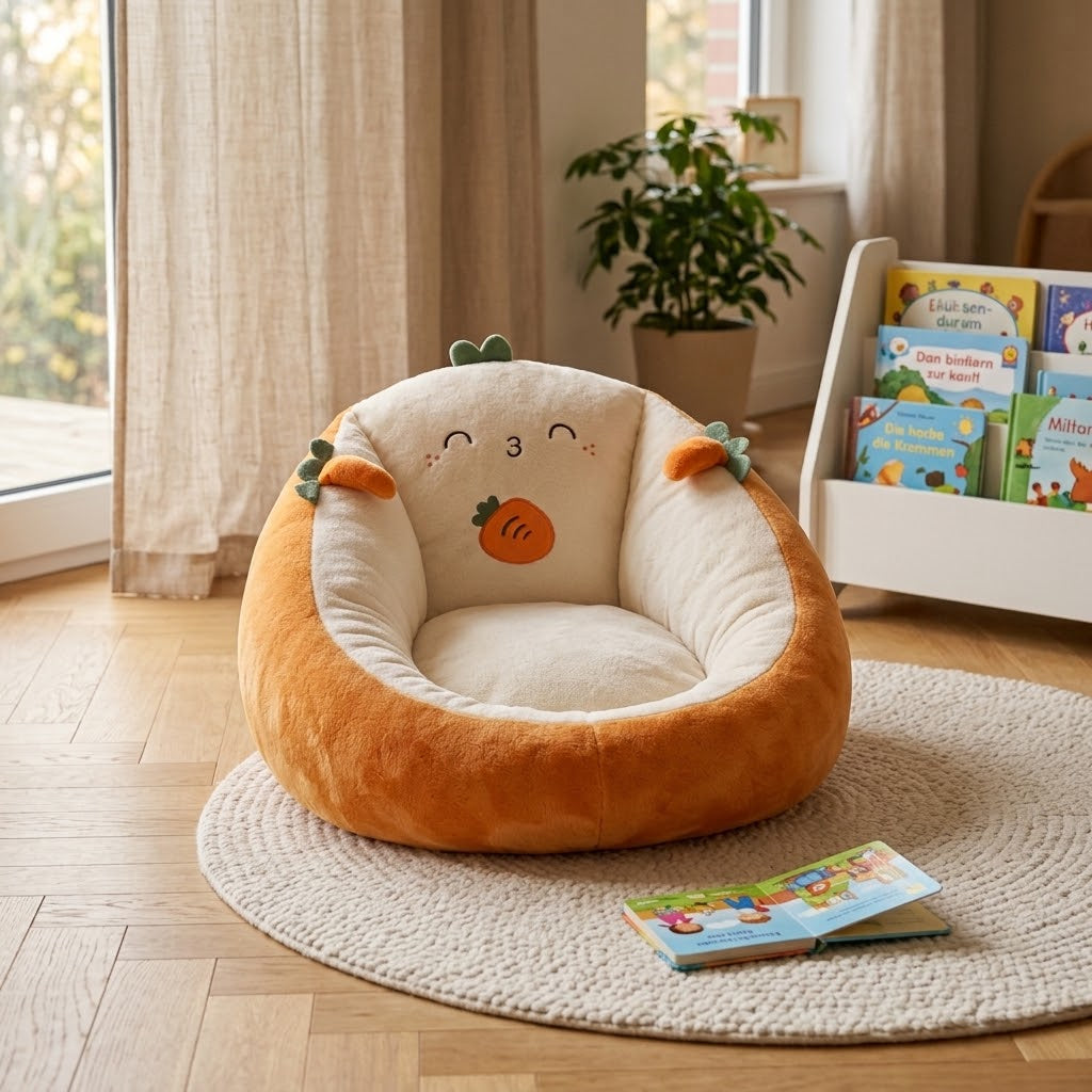 Orange-cremefarbener Karotten-Sitzsack mit aufgesticktem Gesicht auf rundem Teppich neben Bücherregal im Kinderzimmer 1