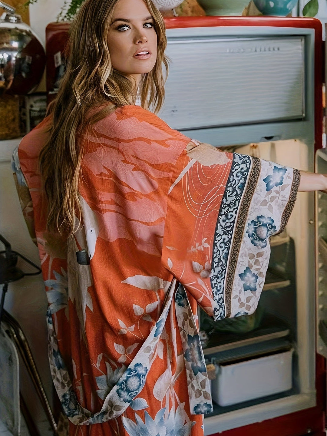Roter blomsterprint kimono - Isabella