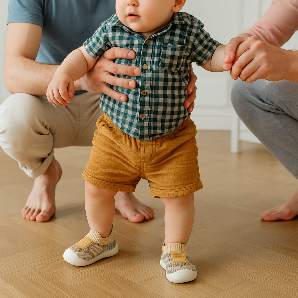 Baby macht erste Gehschritte auf Parkett, von den Eltern gestützt, in beigen Strickschuhen mit gelben Akzenten und weißer Sohle. 5