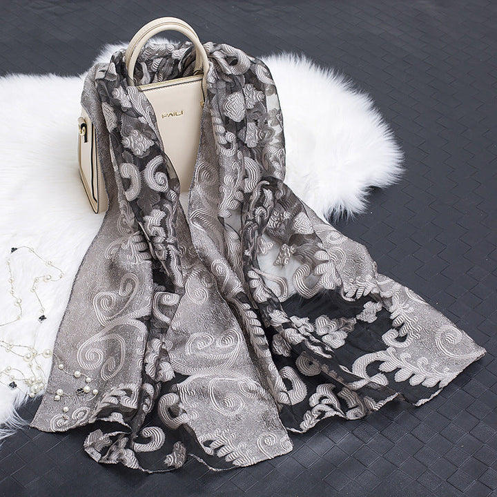 Trendy Women's Silk Scarf with Floral Pattern and Cut-out Design – Fiora (1+1 FREE)