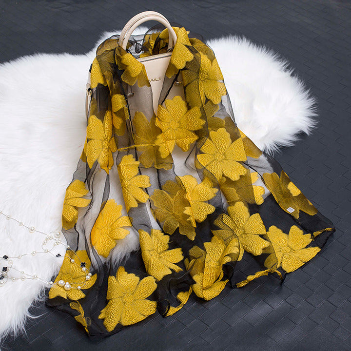 Trendy Women's Silk Scarf with Floral Pattern and Cut-out Design – Fiora (1+1 FREE)