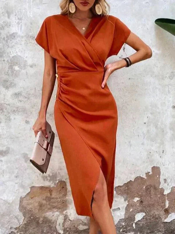 Stylish Orange V-Neck Midi Dress - Ruby
