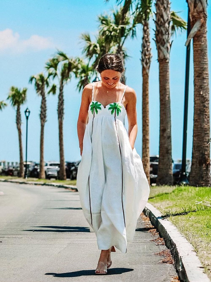 Trendy strappy dress with tropical palm print – Estelle