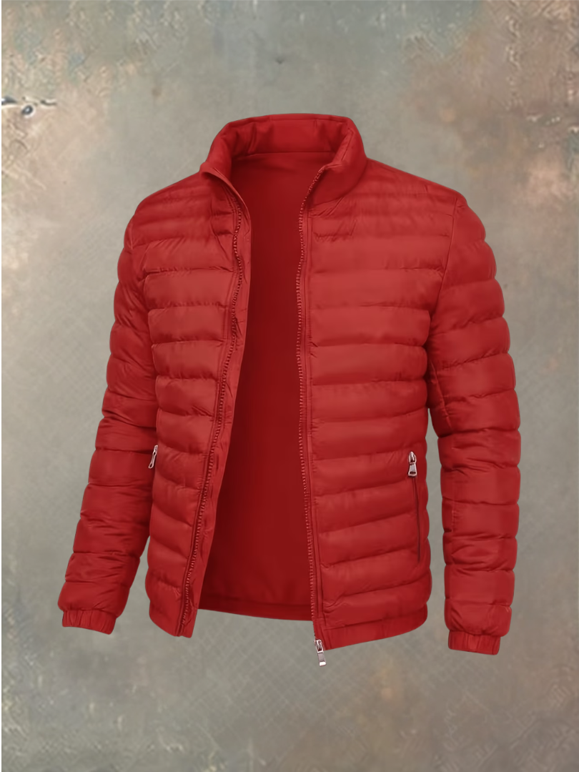 Rote Steppjacke mit Stehkragen, offenem Reißverschluss und elastischen Bündchen in der Frontansicht 3