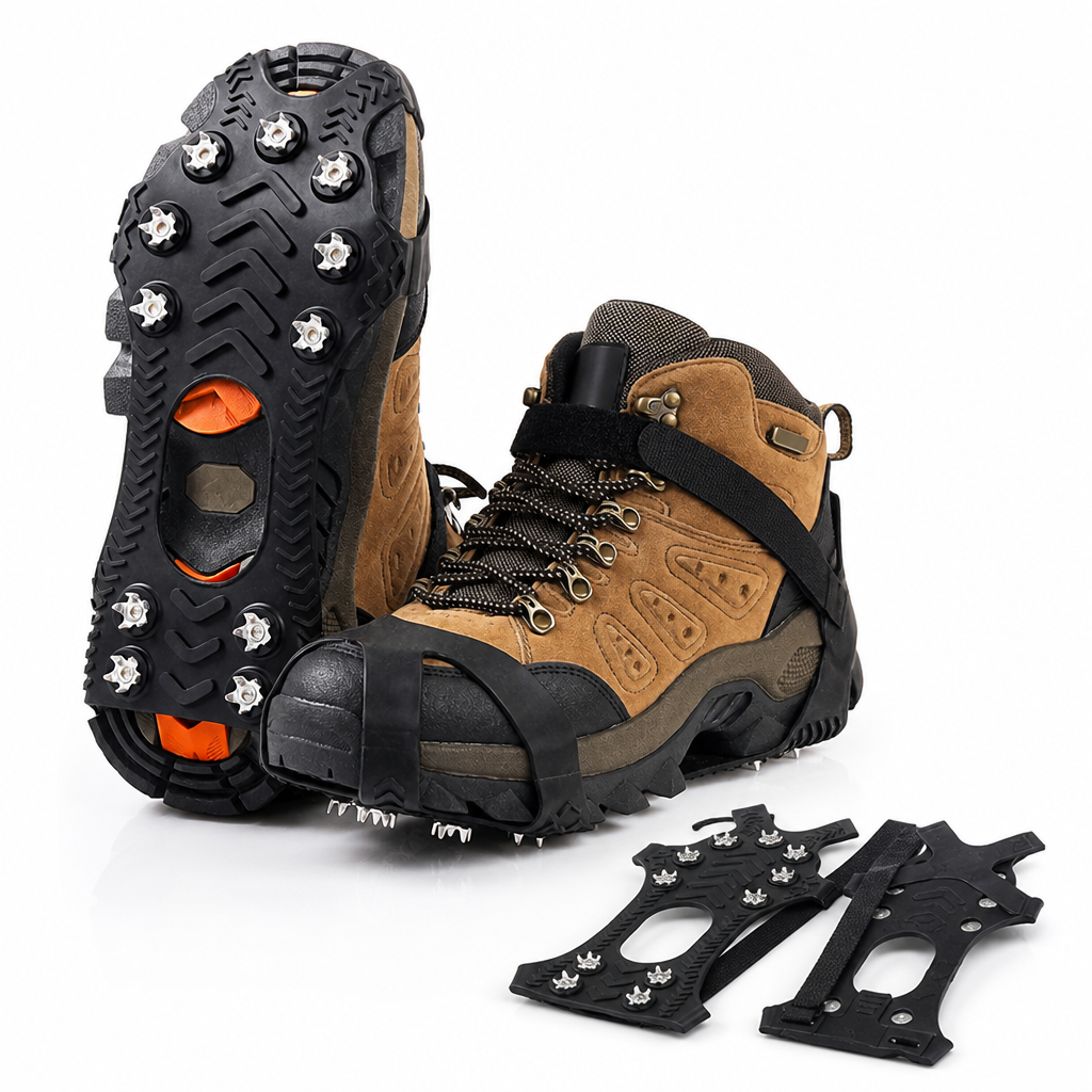 Wanderstiefel mit angelegtem Eisgriff und daneben zwei einzelne Eisgriffe mit Spikes und Klettriemen auf weißem Grund 4