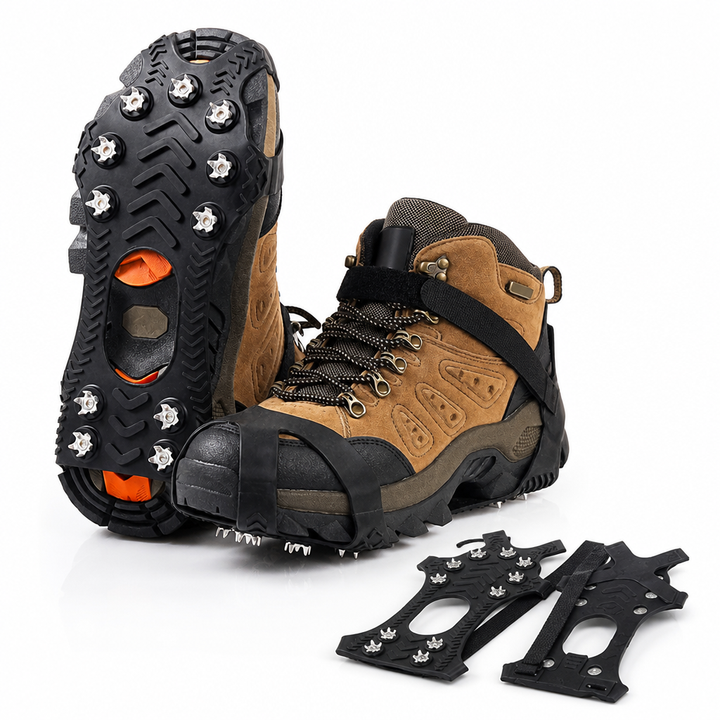 Wanderstiefel mit angelegtem Eisgriff und daneben zwei einzelne Eisgriffe mit Spikes und Klettriemen auf weißem Grund 4