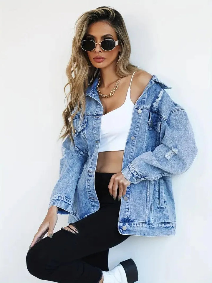 Vandtæt & Forede Oversized Dame Jeansjakke med Hætte – Talia