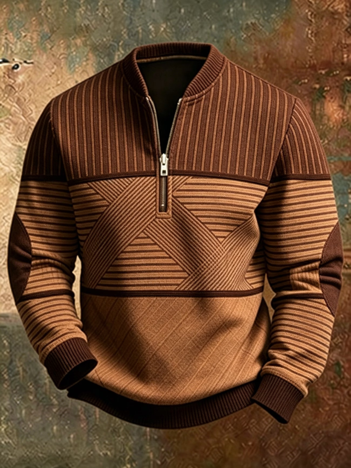 Pullover mit Stehkragen und halbem Reißverschluss in Brauntönen, mit Rippenstreifen, Kontrast-Grafikmuster und abgesetzten Bündchen in der Frontansicht. 4