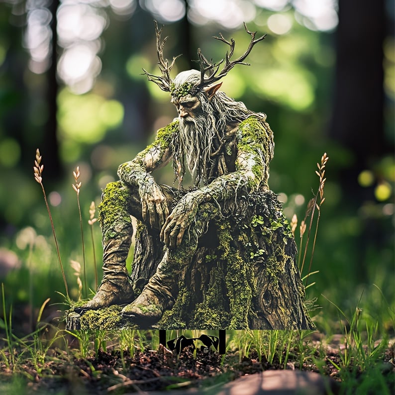 Sitzender Waldgeist mit Geweih, Bart und moosbewachsenem Baumstumpfkörper vor unscharfem Waldhintergrund, mit schwarzen Steckfüßen im Boden. 1