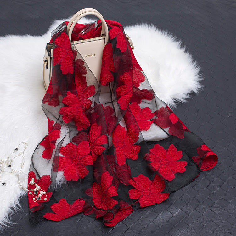 Trendy Women's Silk Scarf with Floral Pattern and Cut-out Design – Fiora (1+1 FREE)