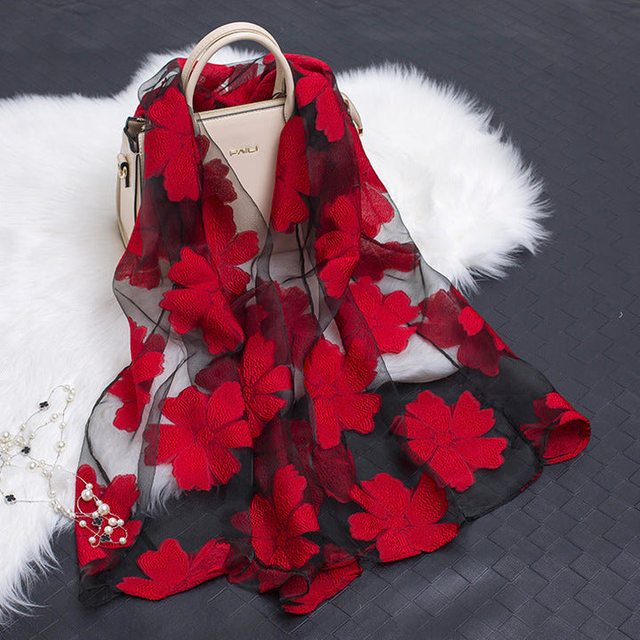 Trendy Women's Silk Scarf with Floral Pattern and Cut-out Design – Fiora (1+1 FREE)