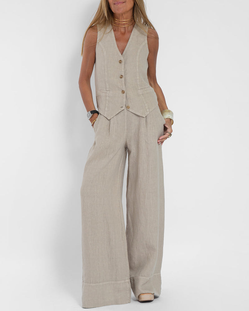 Linen 2-piece set with wide-cut pants and vest – Alma