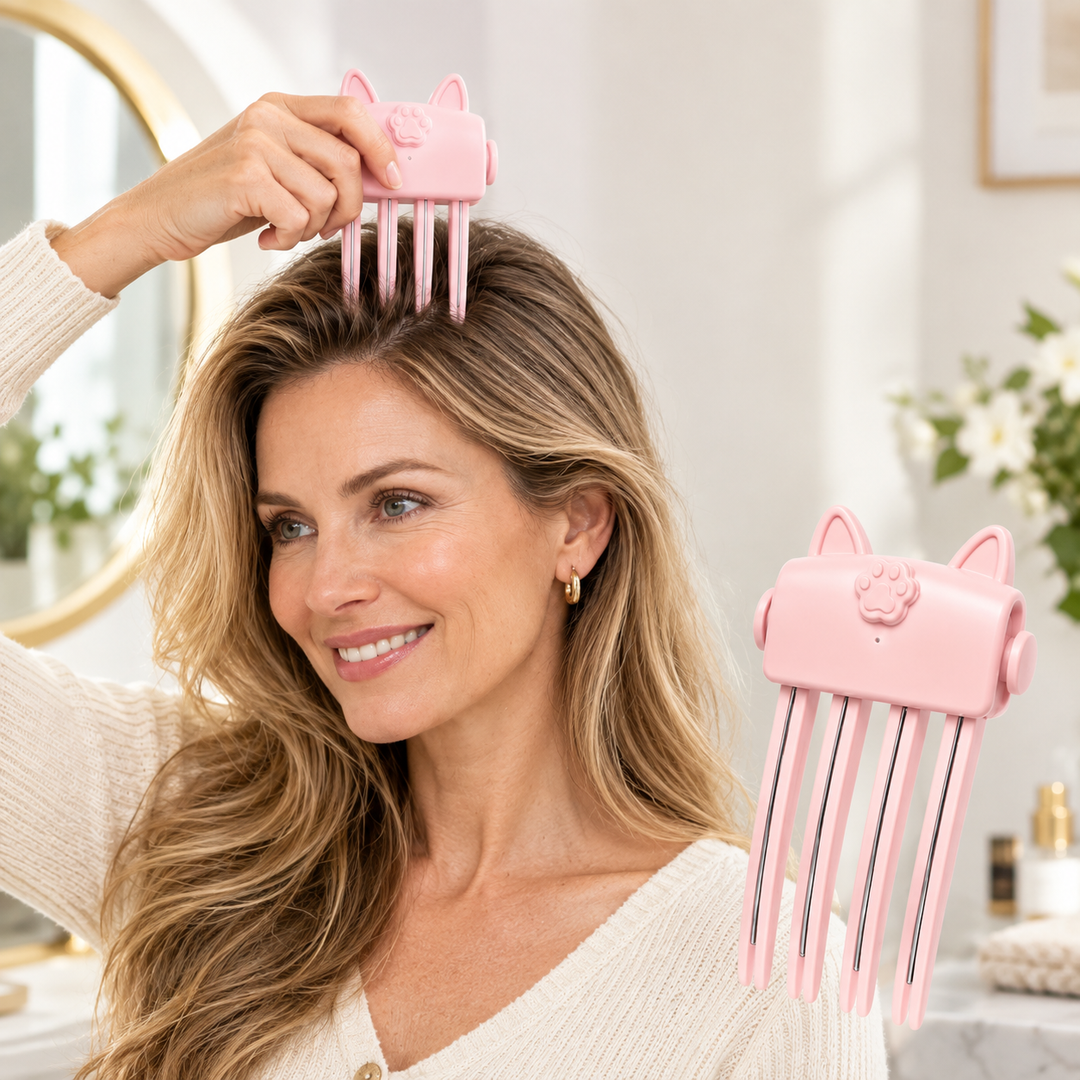 Frau mit langem blondem Haar setzt den rosa Katzenohren-Styler am Ansatz an, Produkt zusätzlich freigestellt 1