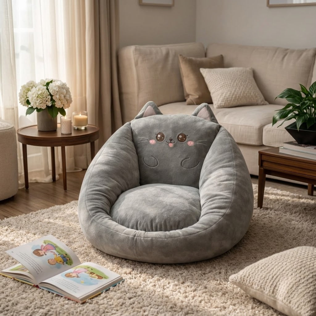 Grauer Sitzsack in Katzenform mit Ohren und gesticktem Gesicht im Wohnzimmer vor einem Sofa 5