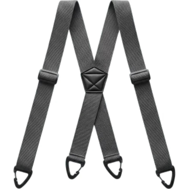 Graue Hosenträger in X-Form mit feiner Struktur, schwarzem Mittelstück und vier Klammern 7