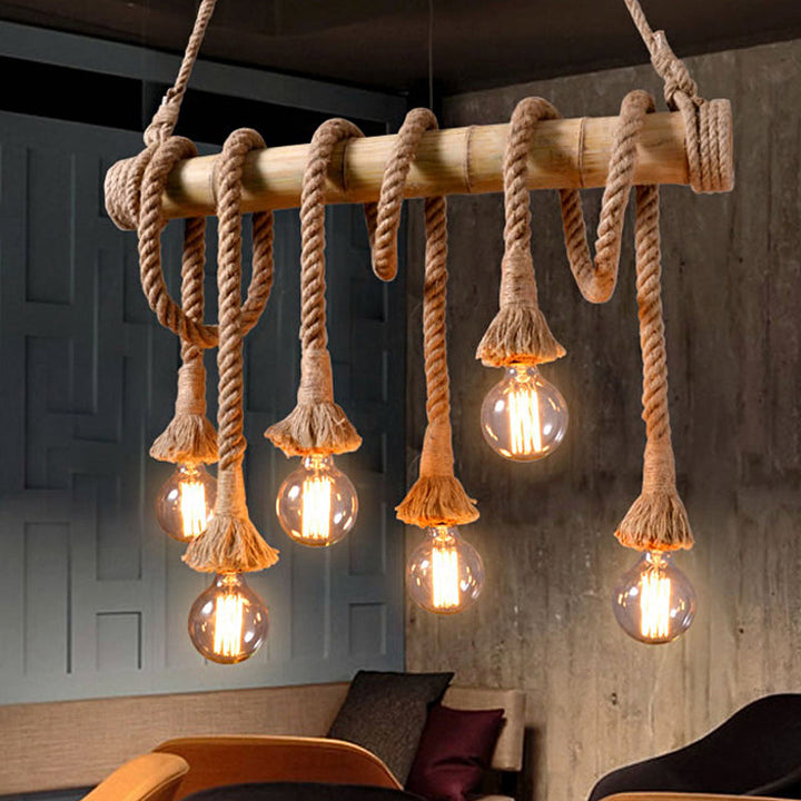 Adjustable Bamboo Pendant Lamp with Industrial Rope Design – EcoChic