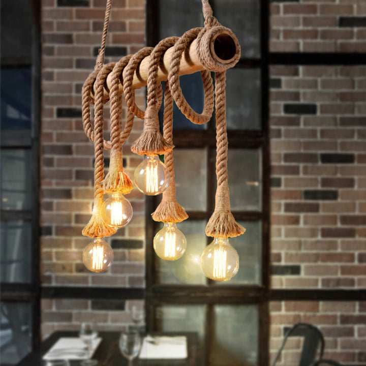 Adjustable Bamboo Pendant Lamp with Industrial Rope Design – EcoChic