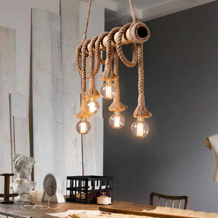 Adjustable Bamboo Pendant Lamp with Industrial Rope Design – EcoChic