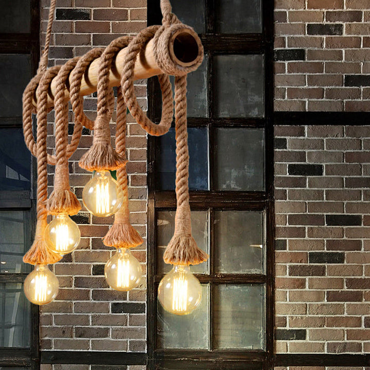 Adjustable Bamboo Pendant Lamp with Industrial Rope Design – EcoChic