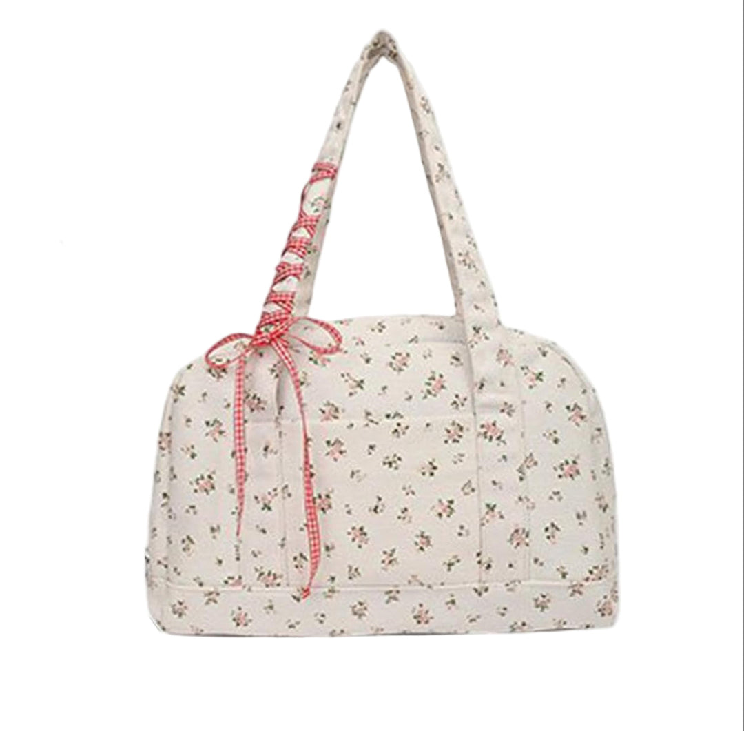Bow Duffle Bag – Large Canvas Weekend Bag with Ribbon Accent – Floria