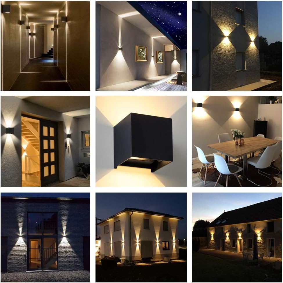 Collage aus neun Fotos mit schwarzen Wandleuchten in Flur, Esszimmer und an Hausfassaden bei Nacht, in der Mitte eine Nahaufnahme. 13