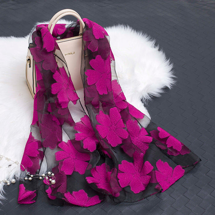Trendy Women's Silk Scarf with Floral Pattern and Cut-out Design – Fiora (1+1 FREE)
